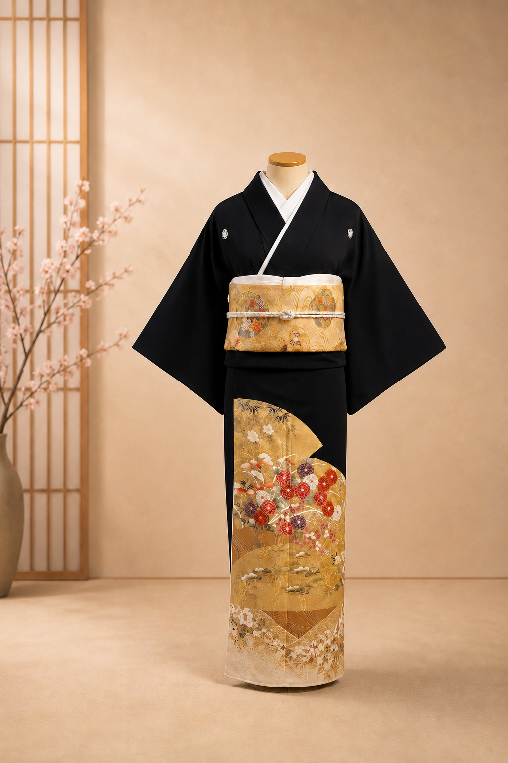 Kimono tradicional bege e preto